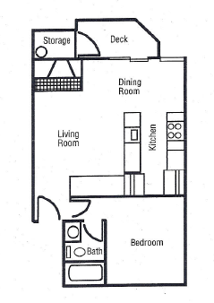 Floor plan for 1 bed, 1 bath, 564 sqft
